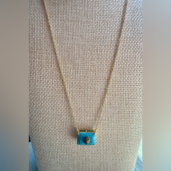 Kurt Geiger Emerald Cut Turquoise Pendant Necklace w/ Signature Eagle Gold Chain - Picture 9 of 14